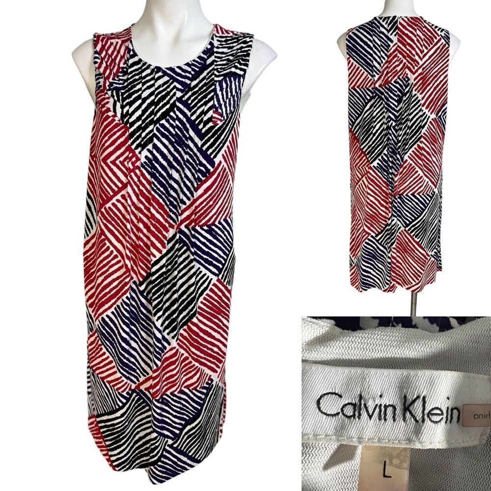Calvin Klein dress L red blue multicolor geometric print lined swing dress -10